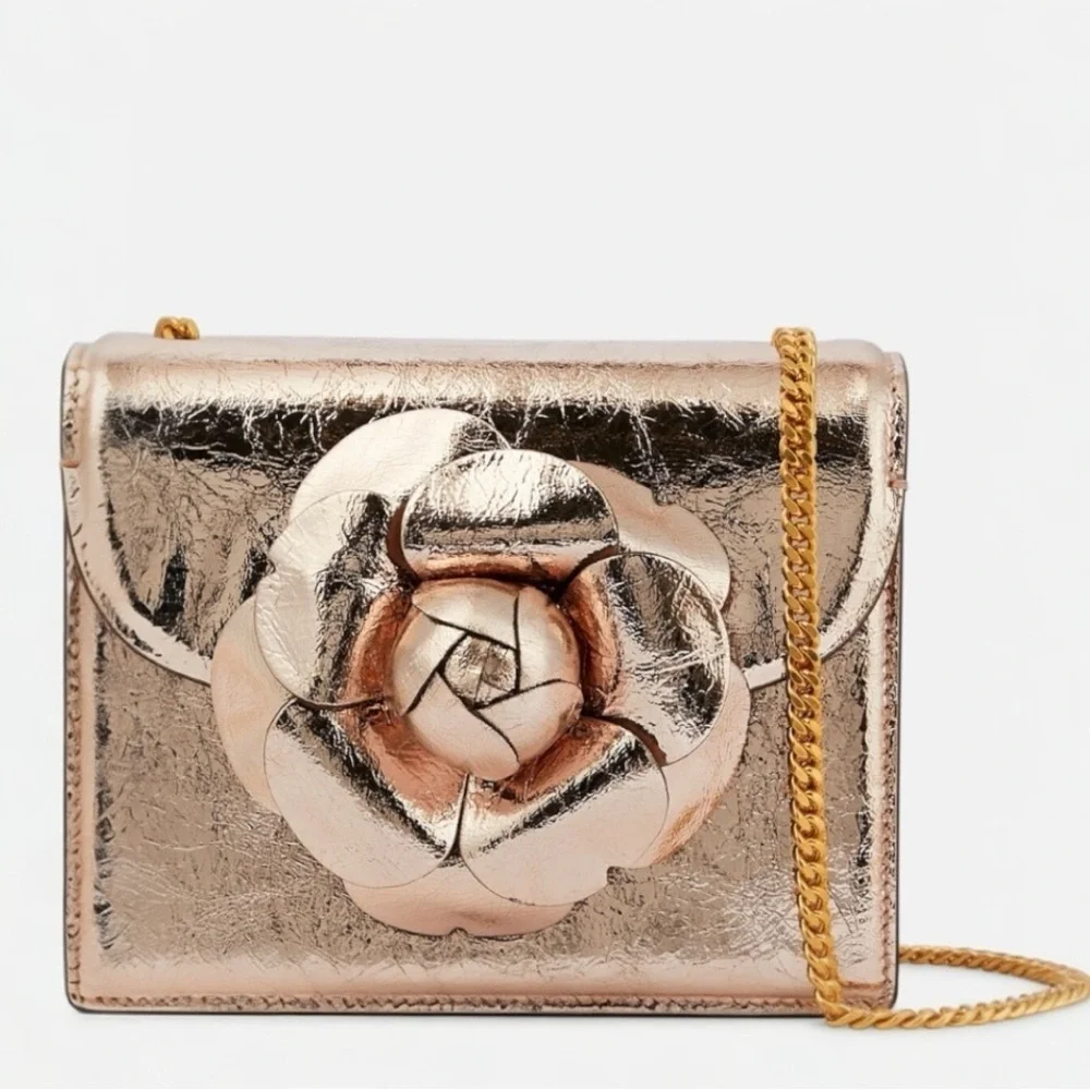 Oscar de la Renta Tro Rose Gold Metallic Crinkle Leather Mini Chain Shoulder Bag
